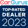 Logo featuring CarGurus TOP-RATED DEALER 2023 in text on a blue background, with the CarGurus logo in red and blue above. Renowned for top deals on models like the 2014 Hyundai Elantra GT GLS, this dealer excels in quality service and trustworthiness.