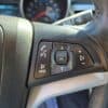 Close-up of a cars steering wheel showing controls. Buttons include phone symbols, volume adjustment, and SRC button, surrounded by textured leather. The dashboard and speedometer are faintly visible in the background.